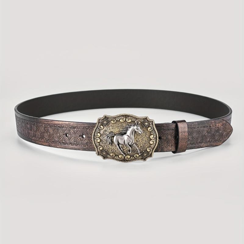 Men's Horse Belt PU Leather Floral Belt Casual Jeans Western Cowboy Waist Strap