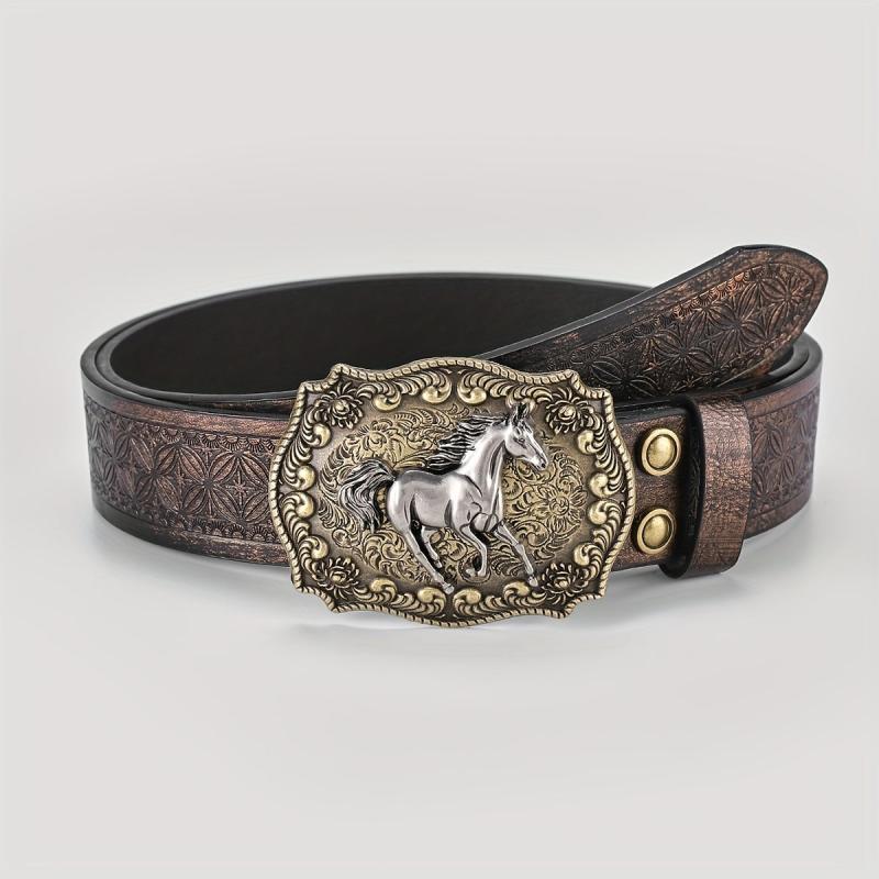 Men's Horse Belt PU Leather Floral Belt Casual Jeans Western Cowboy Waist Strap