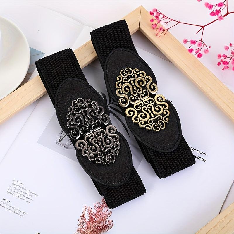 Rose Flower Double Buckle Belts Elastic Band