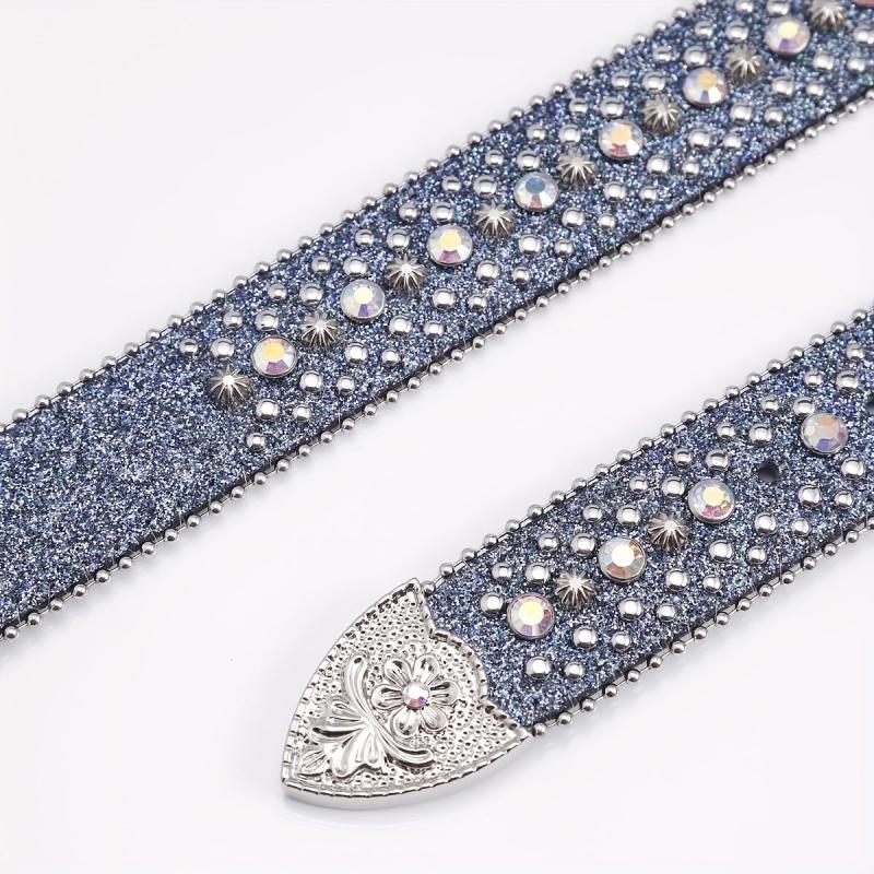 Beaded Side Leather Belt with Artificial Diamond Inlay