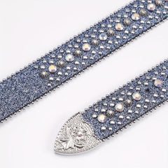 Beaded Side Leather Belt with Artificial Diamond Inlay