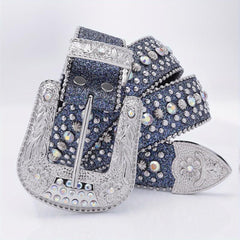 Beaded Side Leather Belt with Artificial Diamond Inlay