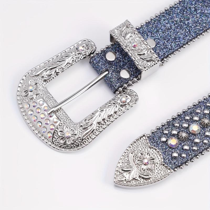 Beaded Side Leather Belt with Artificial Diamond Inlay
