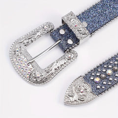 Beaded Side Leather Belt with Artificial Diamond Inlay