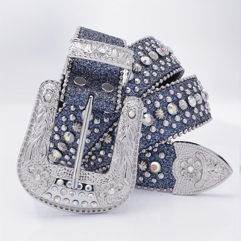 Beaded Side Leather Belt with Artificial Diamond Inlay