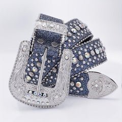 Beaded Side Leather Belt with Artificial Diamond Inlay