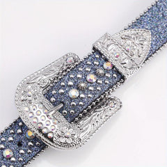 Beaded Side Leather Belt with Artificial Diamond Inlay