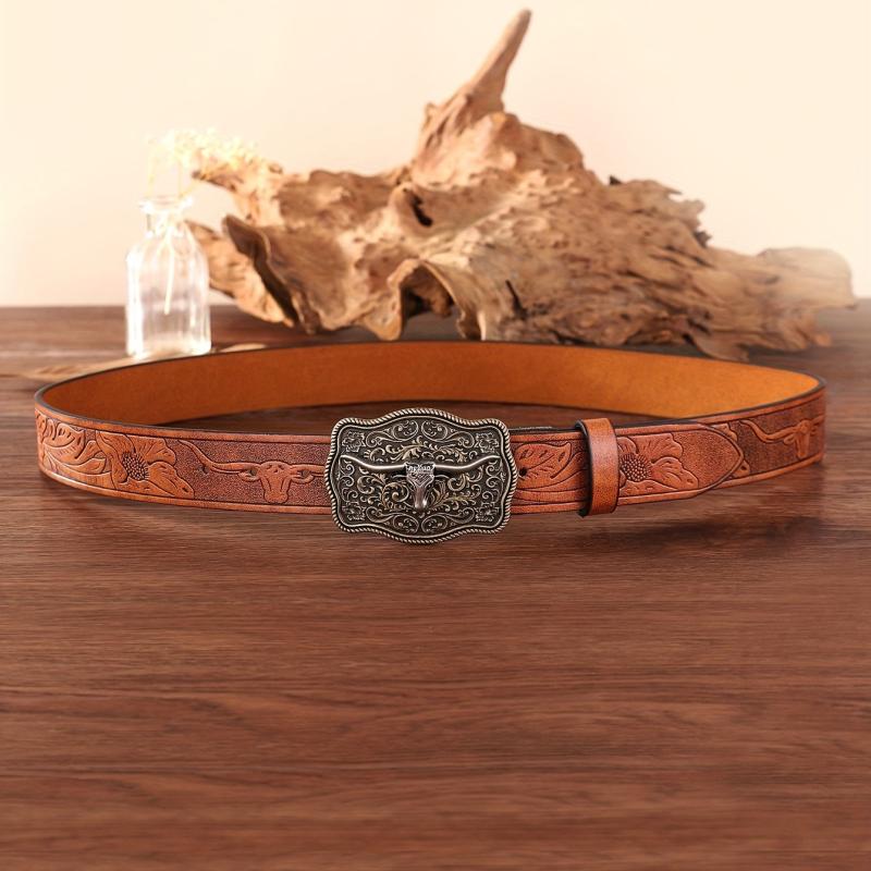 Bull Head Pattern Buckle Western Cowboy Belt Men's PU Leather Belt
