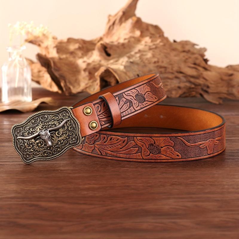 Bull Head Pattern Buckle Western Cowboy Belt Men's PU Leather Belt
