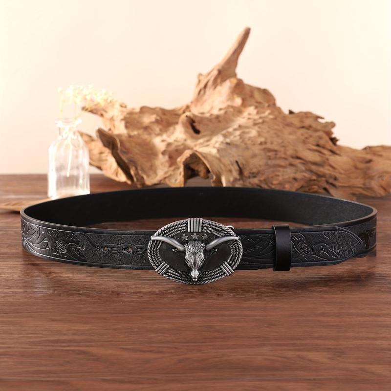 Bull Head Buckle Western Cowboy Retro Belt Business PU Leather