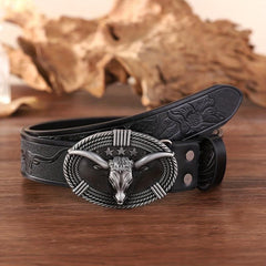 Bull Head Buckle Western Cowboy Retro Belt Business PU Leather