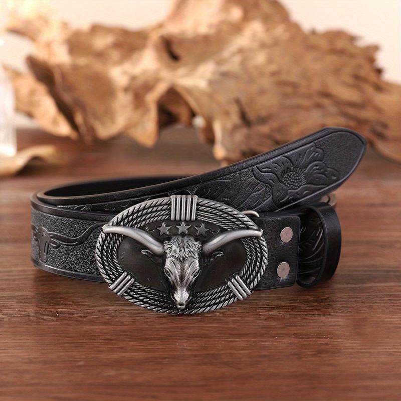 Bull Head Buckle Western Cowboy Retro Belt Business PU Leather