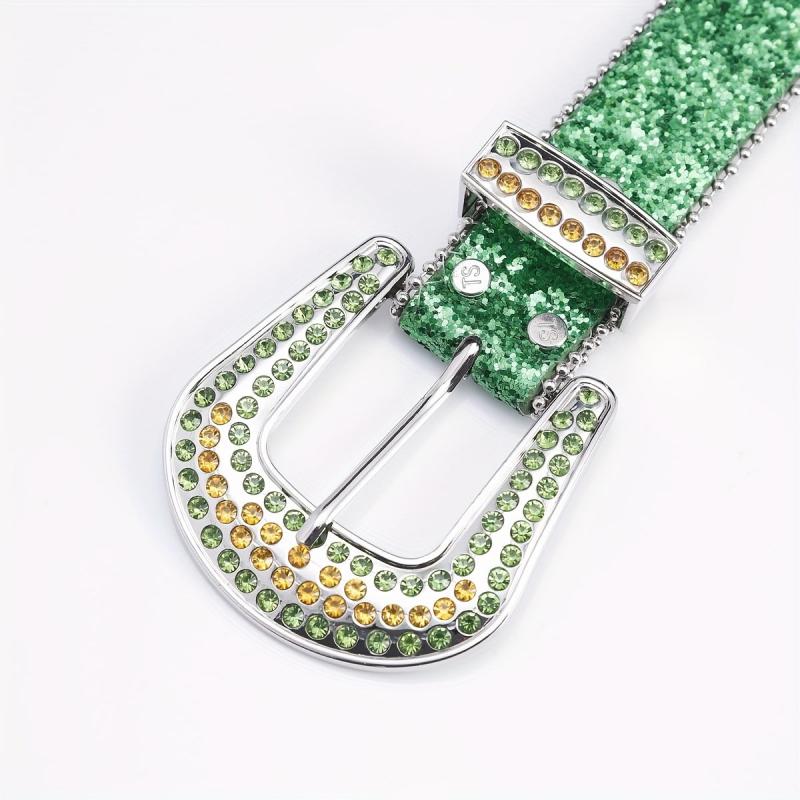 Funky Green Square Belt with Rhinestone PU Leather