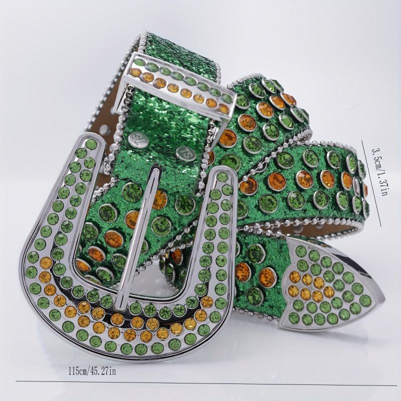 Funky Green Square Belt with Rhinestone PU Leather
