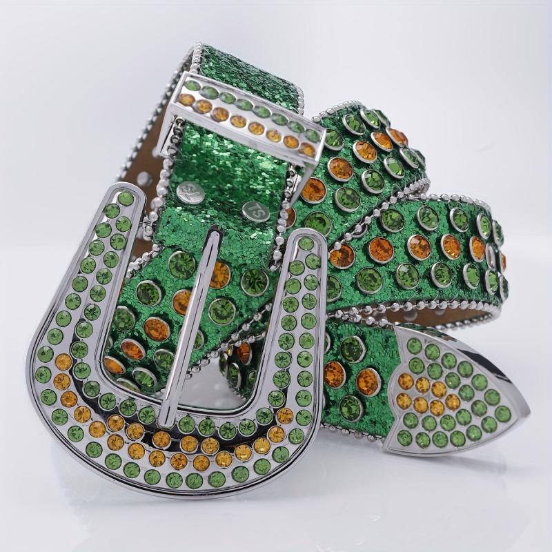 Funky Green Square Belt with Rhinestone PU Leather