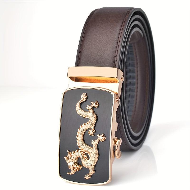 Men's Leather Belt Dragon Pattern Automatic Buckle Business Suit Waist Strap