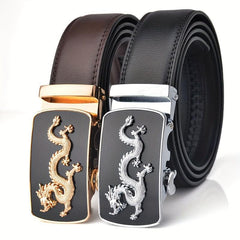 Men's Leather Belt Dragon Pattern Automatic Buckle Business Suit Waist Strap