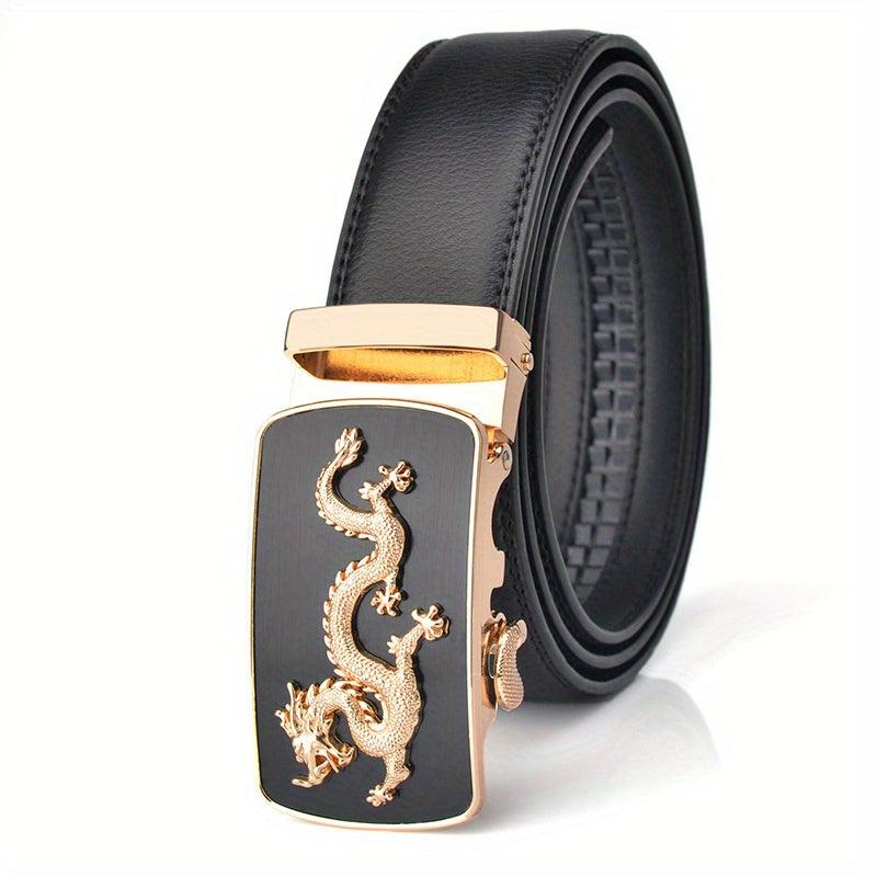 Men's Leather Belt Dragon Pattern Automatic Buckle Business Suit Waist Strap