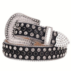 Men's Rhinestone Western Belt Rivet PU Leather Strap
