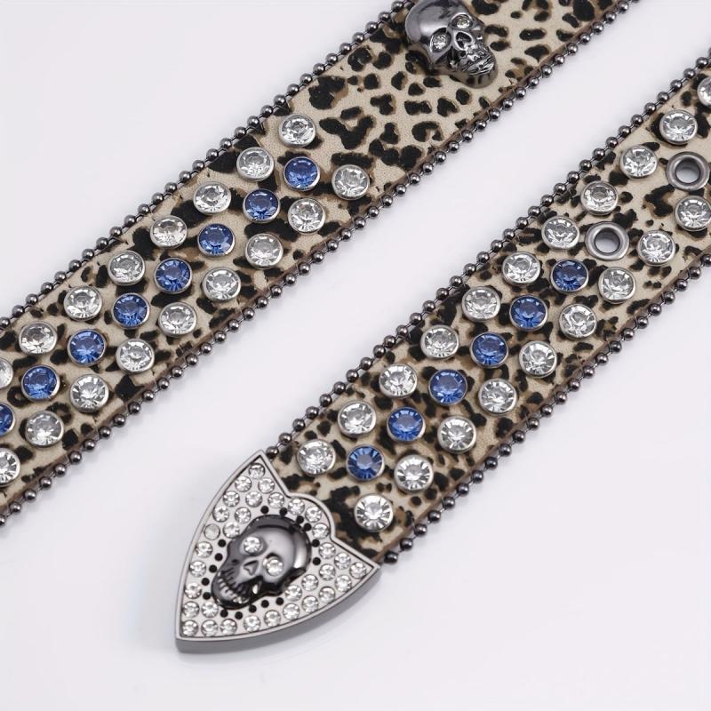Leopard Skull Belt with Rhinestone Buckle Wide Waist Belt