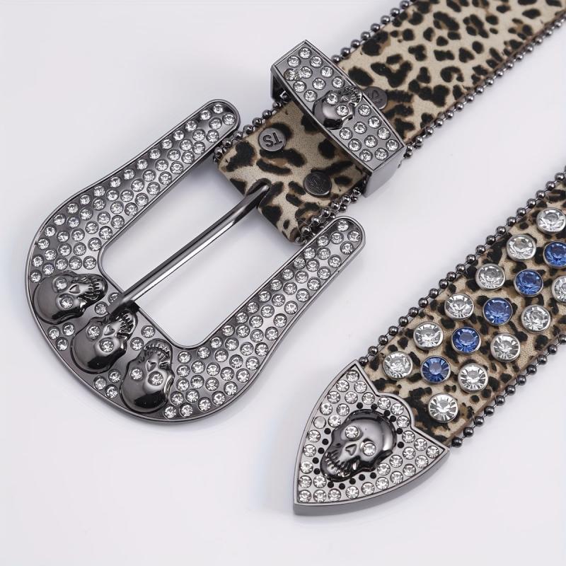 Leopard Skull Belt with Rhinestone Buckle Wide Waist Belt
