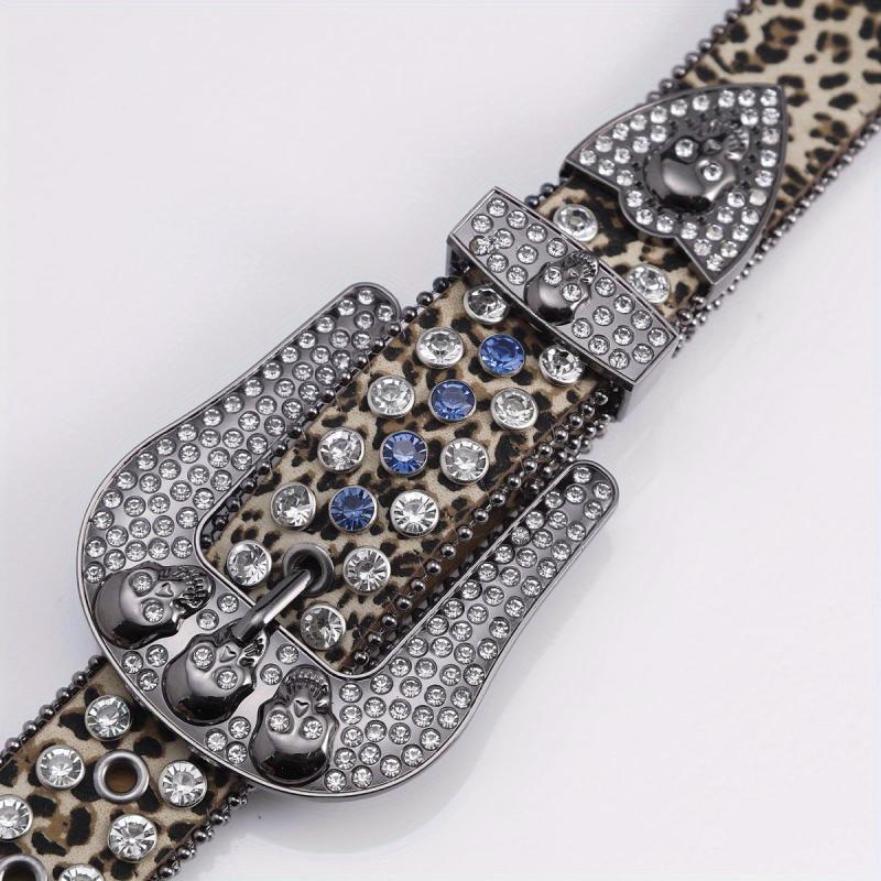 Leopard Skull Belt with Rhinestone Buckle Wide Waist Belt