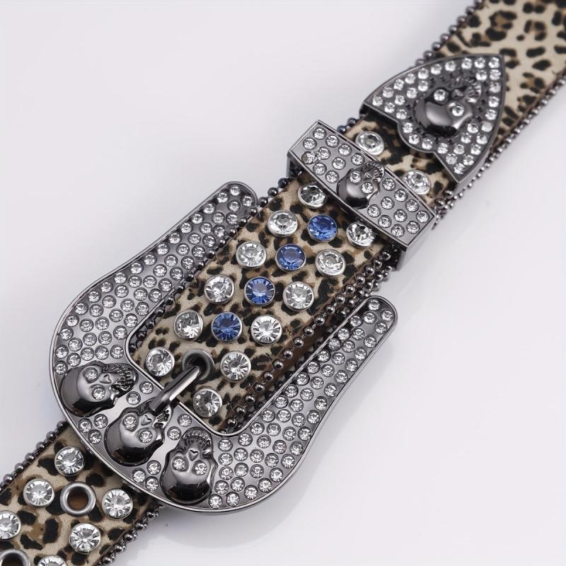 Leopard Skull Belt with Rhinestone Buckle Wide Waist Belt