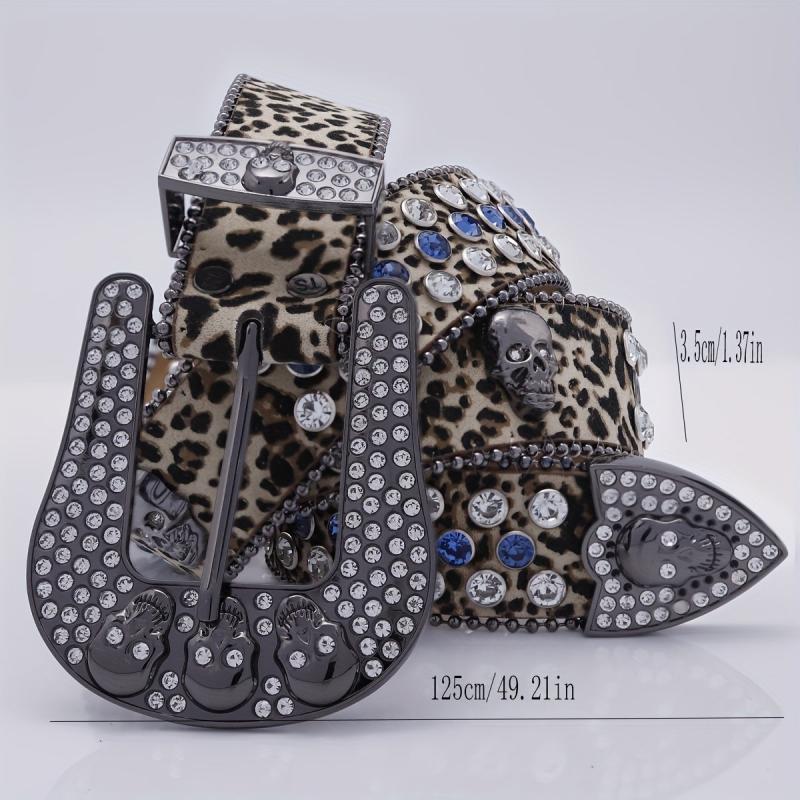 Leopard Skull Belt with Rhinestone Buckle Wide Waist Belt