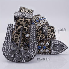 Leopard Skull Belt with Rhinestone Buckle Wide Waist Belt