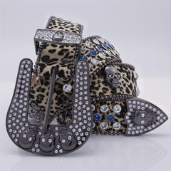Leopard Skull Belt with Rhinestone Buckle Wide Waist Belt