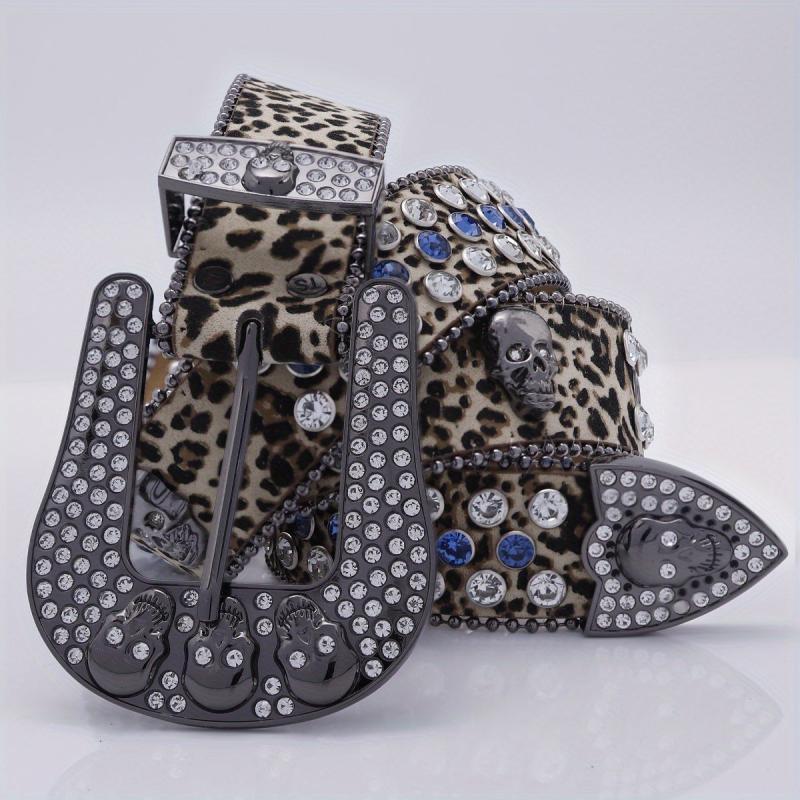 Leopard Skull Belt with Rhinestone Buckle Wide Waist Belt