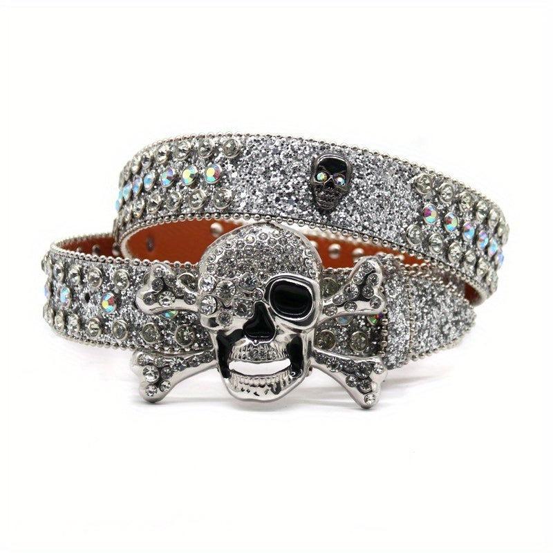 Skull Buckle Rhinestone Belt Cowboy Punk Studded Rivet Strap