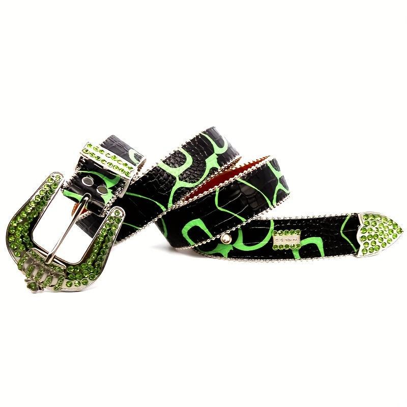 Green Crown Rhinestone Men's Belt Punk Style
