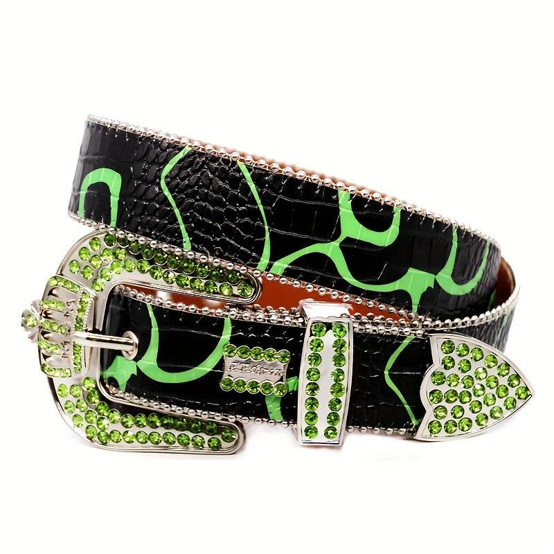 Green Crown Rhinestone Men's Belt Punk Style