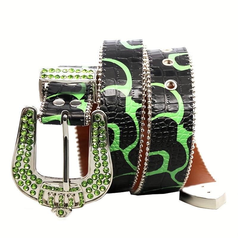 Green Crown Rhinestone Men's Belt Punk Style