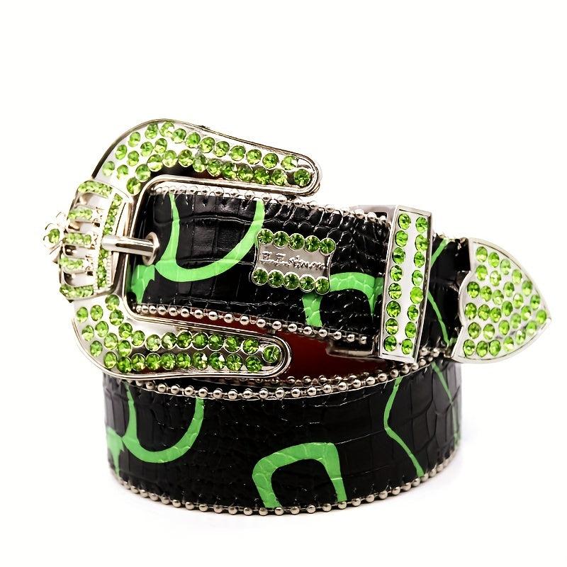 Green Crown Rhinestone Men's Belt Punk Style