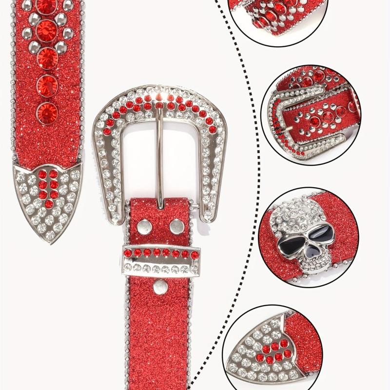 Red Rhinestone Skull Head Belt Punk Rivet Leather Belt