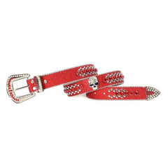 Red Rhinestone Skull Head Belt Punk Rivet Leather Belt