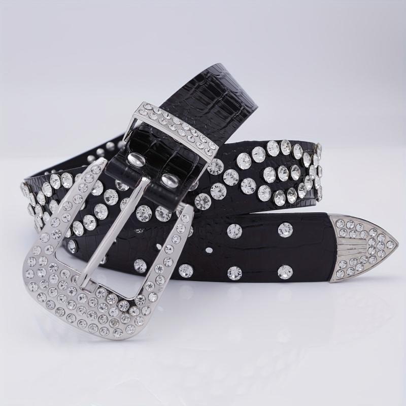 Men's Rhinestone Belt Waist Strap 44inch PU Leather