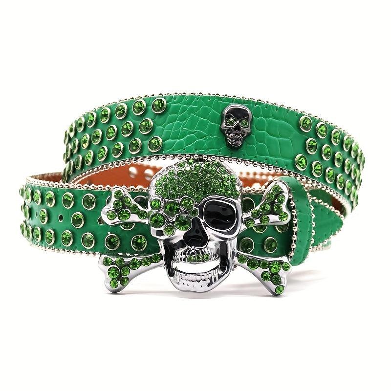 Green Big Skull Rhinestone Belt Men's Inlay Hip Hop Punk Style Belt