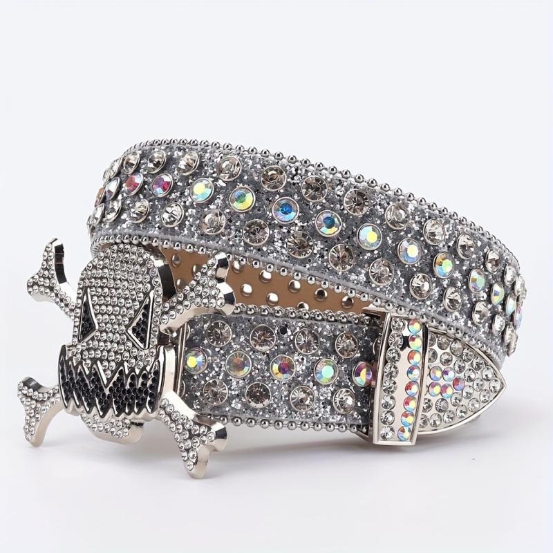 Big Rhinestone Skull Buckle Belt Punk Stone Crystal Studded Waist Strap For Men