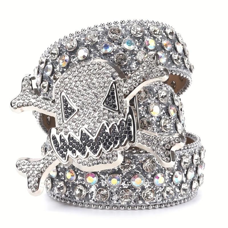 Big Rhinestone Skull Buckle Belt Punk Stone Crystal Studded Waist Strap For Men