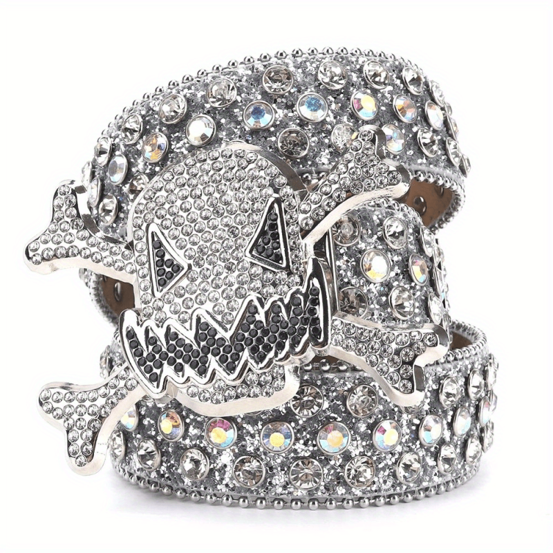 Big Rhinestone Skull Buckle Belt Punk Stone Crystal Studded Waist Strap For Men