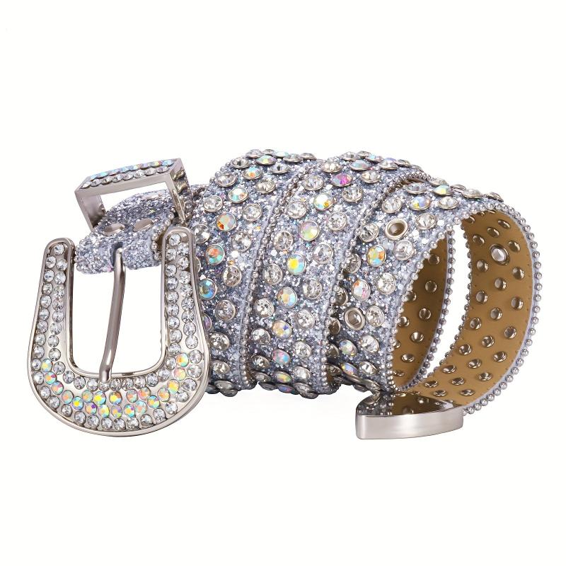 Men's Sparkle Rhinestone Belt Western Cowboy Crystal Studded PU Leather Belt