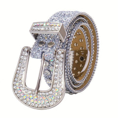 Men's Sparkle Rhinestone Belt Western Cowboy Crystal Studded PU Leather Belt
