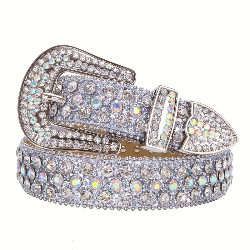 Men's Sparkle Rhinestone Belt Western Cowboy Crystal Studded PU Leather Belt