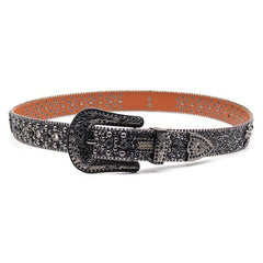 PU Leather Rhinestone Belt Flower Buckle Men