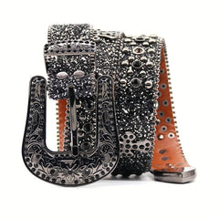 PU Leather Rhinestone Belt Flower Buckle Men