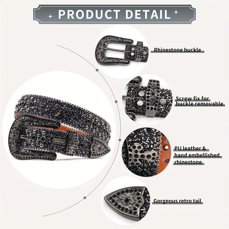 PU Leather Rhinestone Belt Flower Buckle Men