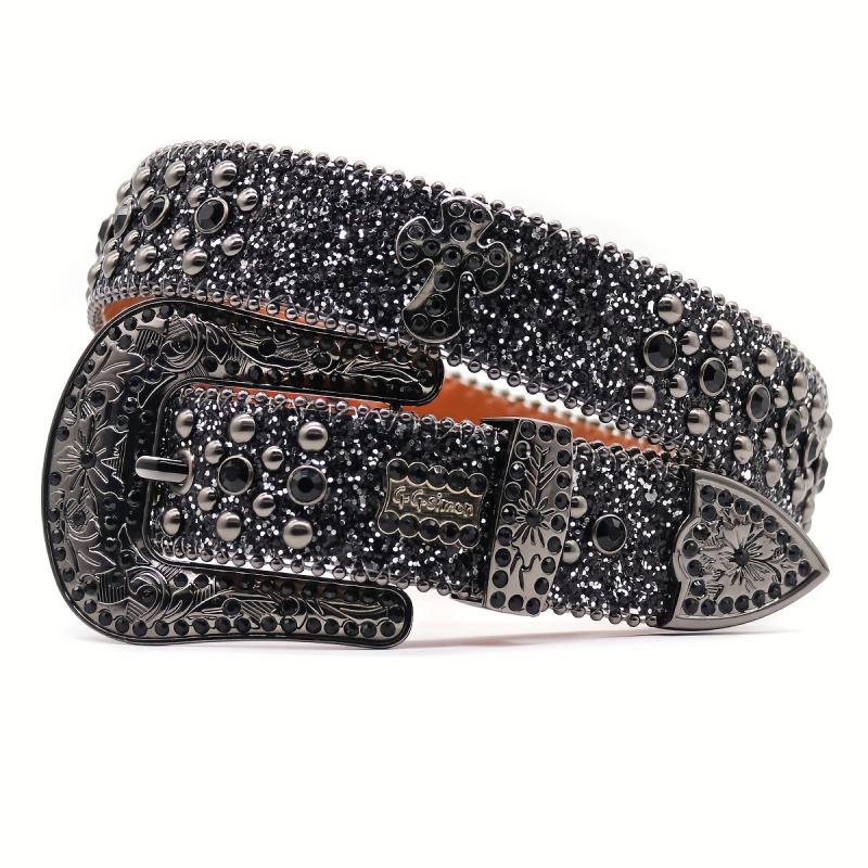 PU Leather Rhinestone Belt Flower Buckle Men